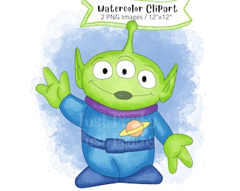Alien Toy Story Watercolor Clipart, Cute Cartoon Illustration