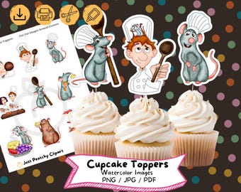 Adornos para cupcakes de Ratatouille, imágenes prediseñadas en acuarela, fiesta de cumpleaños, descarga digital,
