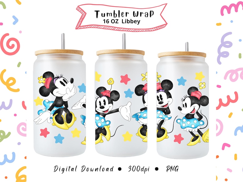 Pu&ograve; includere: Tre bicchieri di vetro con coperchi in bamb&ugrave; e cannucce, ognuno con un design di Minnie Mouse. Il design include Minnie con un vestito a pois blu, circondata da stelle e fiori colorati. Il testo sull'immagine recita "Tumbler Wrap 16 OZ Libbey".