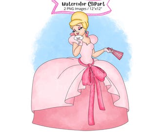 May include: Watercolor clipart of a princess in a pink ball gown with a large bow. The princess has blonde hair and is holding a fan and a handkerchief. The image has the text "Watercolor Clipart" and "2 PNG Images / 12"x12".
