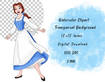 belle blue dress clipart Belle Watercolor Clipart Set, Beauty and the Beast Illustration (PNG)