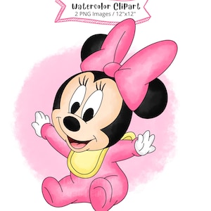 Bébé Minnie Mouse, Clipart aquarelle dessinés à la main, illustration de dessin animé mignon, PNG, Minnie Mouse PNG, fond transparent, baby shower