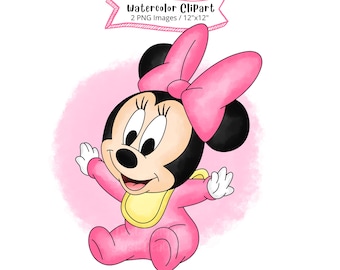 Clipart aquarelle bébé Minnie Mouse : dessin animé PNG (téléchargement numérique)