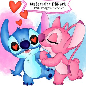 Stitch and Angel Watercolor Clipart Set, Cute Cartoon, PNG, Transparent Background, High Resolution, Lilo and Stitch, Hand Drawn, Valentines