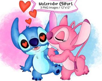 Stitch and Angel Watercolor Clipart Set: Cartoon PNG (Digital Download)