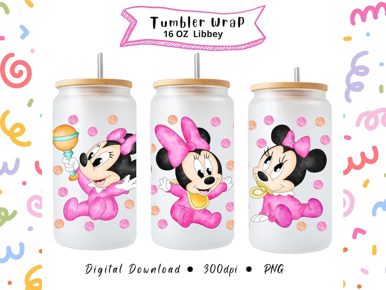 Puede incluir: Tres vasos de vidrio con tapas de bamb&uacute; y pajitas, cada uno con un dise&ntilde;o de Minnie Mouse beb&eacute; en rosa. Los vasos est&aacute;n decorados con lunares rosas y naranjas. El texto en la imagen dice "Tumbler Wrap 16 OZ Libbey".