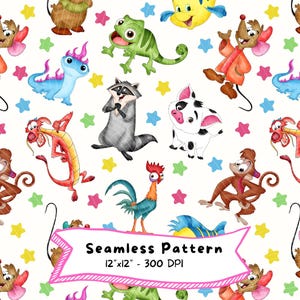 Puede incluir: Patrón sin costuras con personajes de dibujos animados coloridos y estrellas sobre un fondo blanco. El diseño incluye varios animales y criaturas, con el texto "Seamless Pattern 12"x12" - 300 DPI" en una pancarta.