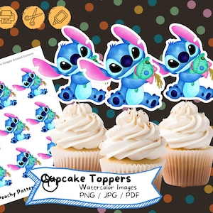 Stitch aquarel cupcake toppers: verjaardagsfeestje decoratie (digitale download)