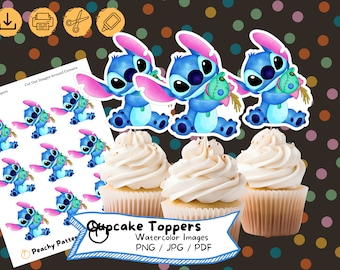 Adornos para cupcakes de acuarela de Stitch: Decoración para fiesta de cumpleaños (descarga digital)