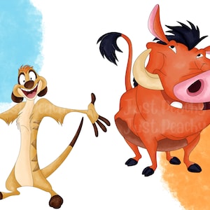 May include: A cartoon illustration of Timon the meerkat and Pumbaa the warthog from Disney's The Lion King. Timon is standing with his arms outstretched and a big smile on his face. Pumbaa is standing with his mouth open and a happy expression on his face.