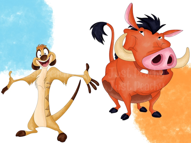 May include: A cartoon illustration of Timon the meerkat and Pumbaa the warthog from Disney's The Lion King. Timon is standing with his arms outstretched and a big smile on his face. Pumbaa is standing with his mouth open and a happy expression on his face.