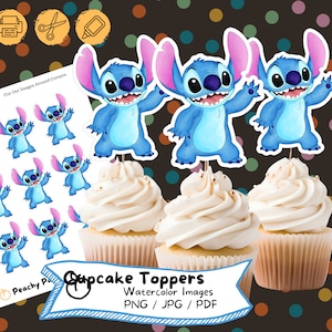 Stitch aquarel cupcake toppers: verjaardagsfeestje decoratie (digitale download)