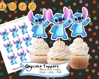 Adornos para cupcakes de acuarela de Stitch: Decoración para fiesta de cumpleaños (descarga digital)