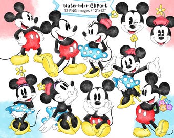 Conjunto de imágenes prediseñadas de acuarela de Mikey Mouse y Minnie Mouse, alta resolución, descarga digital, vintage, retro, PNG
