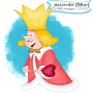 Król Kier z Alicji w Krainie Czarów Akwarele Clipart, Pełny Zestaw, PNG, Słodka Kreskówkowa, Pobieranie Cyfrowe, Wysoka Rozdzielczość, Rysowane Ręcznie