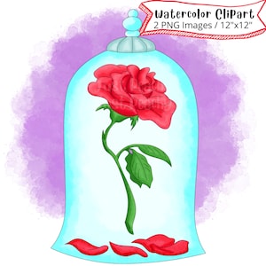 Rosa incantata dal set di clipart ad acquerello disegnato a mano della Bella e la bestia, illustrazione simpatico cartone animato, PNG, stampabile, ad alta risoluzione