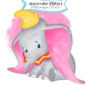 Dumbo Watercolor Clipart, Cute Cartoon, PNG, Hand Drawn, Nursery Decor, Baby Elephant, Instant Download, Birthday, Printable