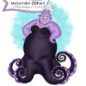 Ursula de La Sirenita, dibujo a mano, acuarela, clipart, lindo dibujo animado, PNG, transparente, alta resolución, princesa Ariel, bajo el mar
