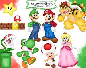 Super Mario Aquarell Clipart-Set, Cartoon PNG, hohe Auflösung, digitaler Download