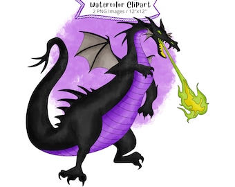 May include: A black dragon with purple stripes and green fire breathing from its mouth. The dragon is on a purple watercolor background.