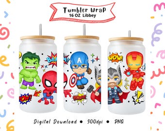 Superheld Tumbler Wrap, digitale Sublimation, 16 Unze, Aquarell, Glasbecher, Libbey Cup, Avengers