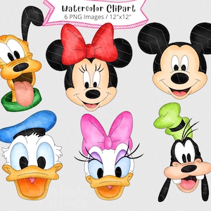 May include: Watercolor clipart featuring six cartoon character faces: Pluto, Minnie Mouse, Mickey Mouse, Donald Duck, Daisy Duck, and Goofy. The image includes the text "Watercolor Clipart" and "6 PNG Images / 30cm x 30cm".