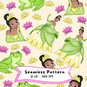 Op de afbeelding: Naadloos patroon met een prinses in een groen en gele jurk, met een kroon en een kikker. Roze en gele bloemen zijn verspreid rond de prinses en de kikker. De tekst "Seamless Pattern 12"x12" - 300 DPI" staat in een banner.