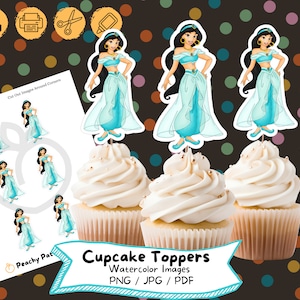 Jasmine Watercolor Cupcake Topper, Digital, Birthday Party, Cake Topper, Birthday Decoration, Printable File, Kids Party, Aladdin
