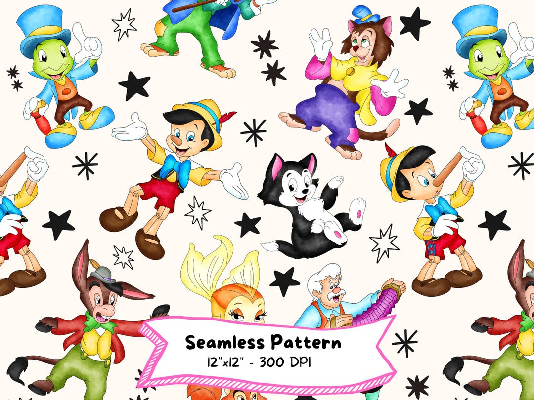 Pinocchio Seamless Pattern, Watercolor Cartoon, Kids Party, Digital ...