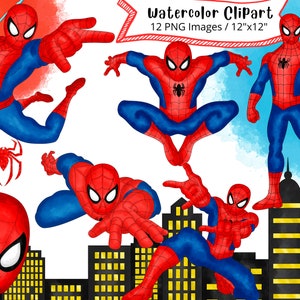Conjunto de clipart de aquarela desenhado à mão do Homem-Aranha, PNG, alta resolução, super-herói, fundo transparente, Peter Parker, alta resolução