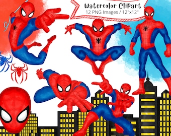 Ensemble de cliparts aquarelle Spiderman : images PNG de super-héros (téléchargement numérique)