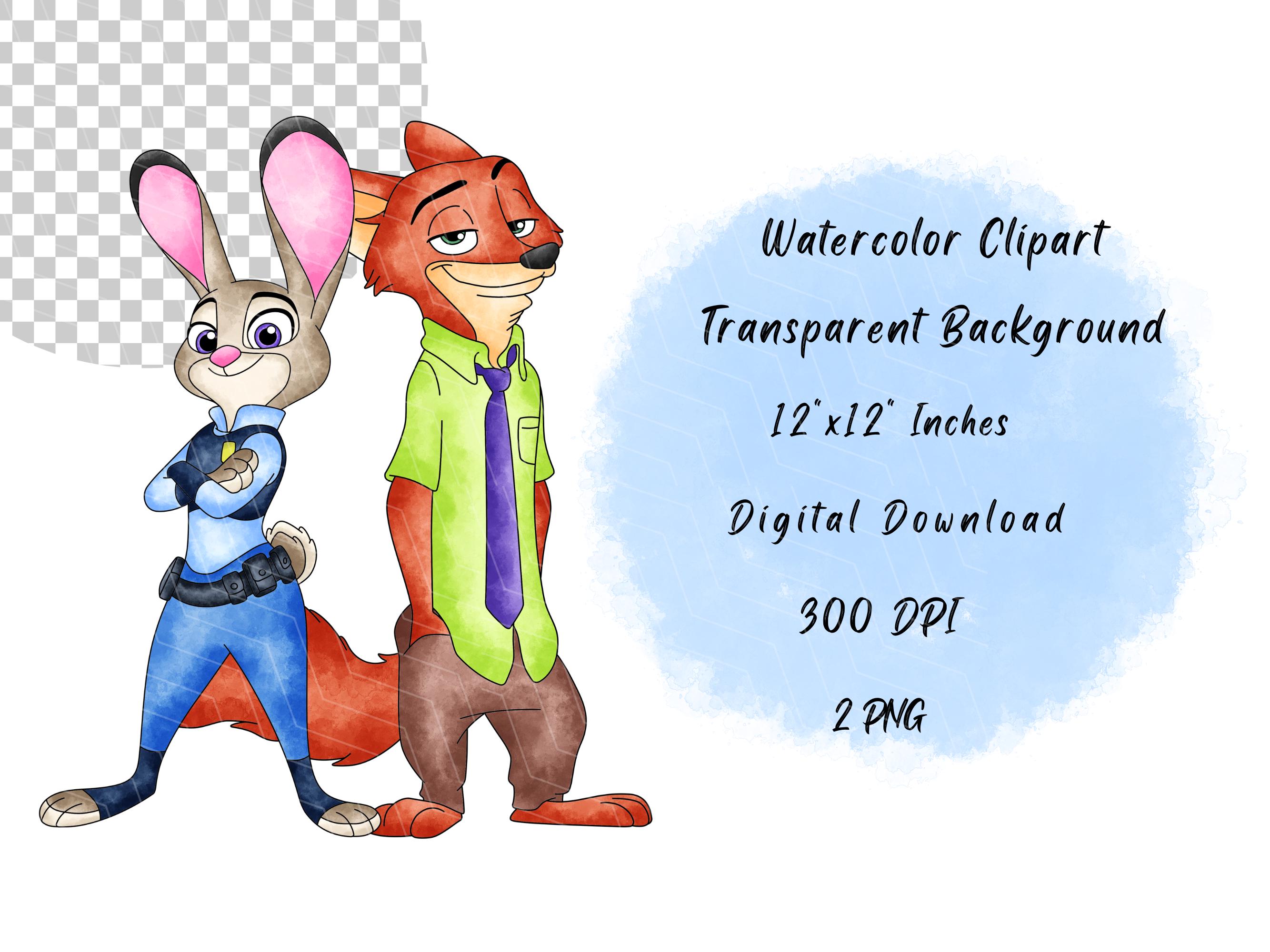 Nick Wilde and Judy Hopps, Zootopia Watercolor Clipart, High Resolution ...