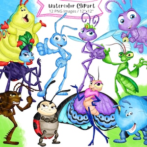 May include: Watercolor clipart featuring 12 PNG images of cartoon insects, including a caterpillar, ants, a spider, a grasshopper, a ladybug, a butterfly, and a beetle. The images are 12 inches by 12 inches.