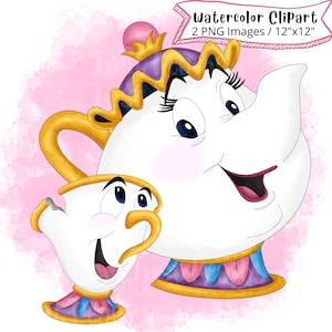 Sra. Potts y Chip de La Bella y la Bestia conjunto de imágenes prediseñadas de acuarela dibujadas a mano, ilustración de dibujos animados lindo, PNG, imprimible, alta resolución