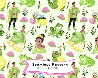 Księżniczka Tiana, akwarela, bezszwowy wzór, księżniczka i żaba, pobieranie cyfrowe, wysoka rozdzielczość