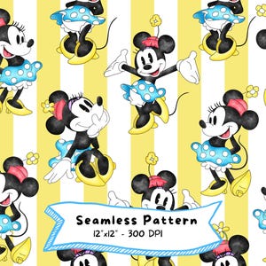 May include: Seamless pattern featuring Minnie Mouse in various poses. Minnie is depicted in a blue polka-dot dress, red bow, and yellow shoes, set against a yellow and white striped background. The pattern includes the text "Seamless Pattern 12"x12" - 300 DPI".