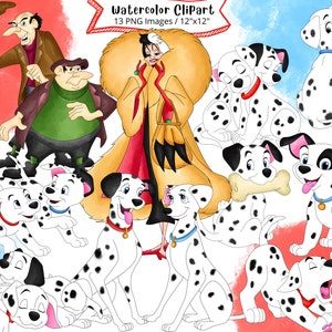 Conjunto de clipart em aquarela desenhado à mão 101 dálmatas, PNG, alta resolução, fundo transparente, desenho animado fofo, Cruella De Vil, clipart de cachorrinho