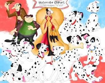 101 Dalmatians Watercolor Clipart Set, Hand Drawn, Digital Download, High Resolution, Puppy Dog PNG, Cute Cartoon