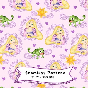 Op de afbeelding: Naadloos patroon met een prinses met lang blond haar, een groene kameleon en een gele zon op een lichtroze achtergrond. Het ontwerp bevat paarse harten en decoratieve frames. De tekst "Seamless Pattern" wordt weergegeven.