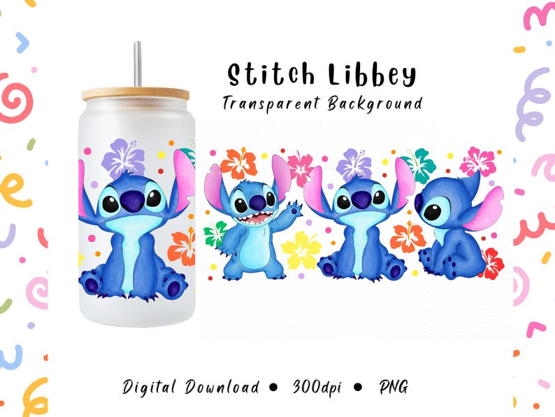Puede incluir: Un vaso de vidrio transparente con tapa y pajita de bamb&uacute;, con un dise&ntilde;o de personaje de dibujos animados azul con orejas rosas y acentos florales coloridos. La imagen tambi&eacute;n incluye ilustraciones digitales del mismo personaje.