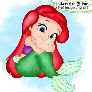 Baby Ariel von der kleinen Meerjungfrau handgezeichneten Aquarell Clipart, niedlichen Cartoon, PNG, druckbar, transparenten Hintergrund, hohe Auflösung