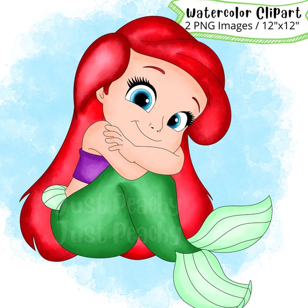 Baby Ariel from The Little Mermaid Hand Drawn Watercolor Clipart, Cute Cartoon, PNG, Printable, Transparent Background, High Resolution