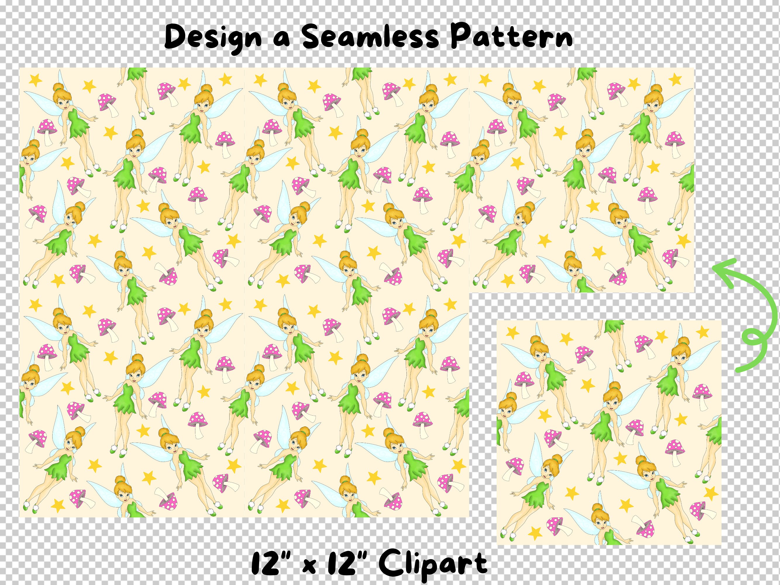 Tinkerbell Watercolor Seamless Pattern, Fairy Fabric Print (digital ...