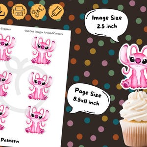 K&ouml;nnte beinhalten: Rosa Angel Cupcake-Topper mit Cartoon-Design, 6,35 cm gro&szlig;. Das Bild zeigt mehrere Topper auf einem wei&szlig;en Blatt Papier, zusammen mit zwei Cupcakes. Die Seitengr&ouml;&szlig;e betr&auml;gt 21,59 x 27,94 cm. Der Text "Peachy Pattern" ist sichtbar.