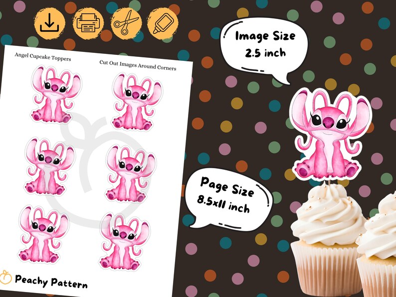 K&ouml;nnte beinhalten: Rosa Angel Cupcake-Topper mit Cartoon-Design, 6,35 cm gro&szlig;. Das Bild zeigt mehrere Topper auf einem wei&szlig;en Blatt Papier, zusammen mit zwei Cupcakes. Die Seitengr&ouml;&szlig;e betr&auml;gt 21,59 x 27,94 cm. Der Text "Peachy Pattern" ist sichtbar.