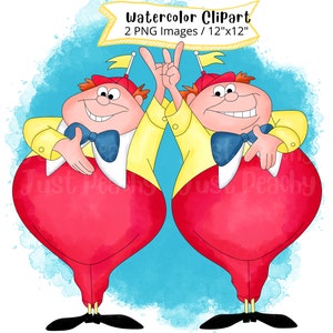 Tweedledee i Tweedledum z Alicji w Krainie Czarów, akwarelowe cliparty, pełny zestaw, PNG, słodka kreskówka, pobieranie cyfrowe, wysoka rozdzielczość