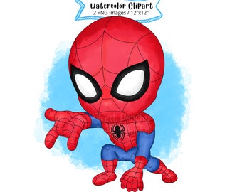 May include: A cartoon illustration of Spiderman in a red and blue suit with a white spider logo on his chest. He is in a crouching position with his left arm outstretched and his right hand on the ground. The background is a light blue watercolor wash.
