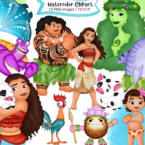 Conjunto de imágenes prediseñadas de acuarela dibujadas a mano de Moana, linda ilustración de dibujos animados, princesa Moana, fondo transparente, Maui, Te Fiti, descarga instantánea