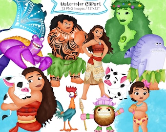 Imágenes prediseñadas de acuarela de Moana: Dibujos animados (Descarga instantánea)