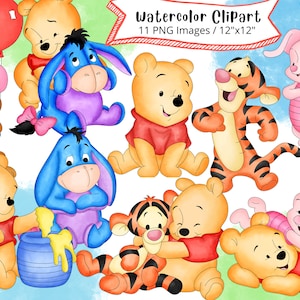 Set di clipart ad acquerello Baby Winnie the Pooh, cartone animato carino, Tigro, Pimpi, Ih-Oh, PNG, 300 DPI, set completo, download digitale, disegnato a mano,
